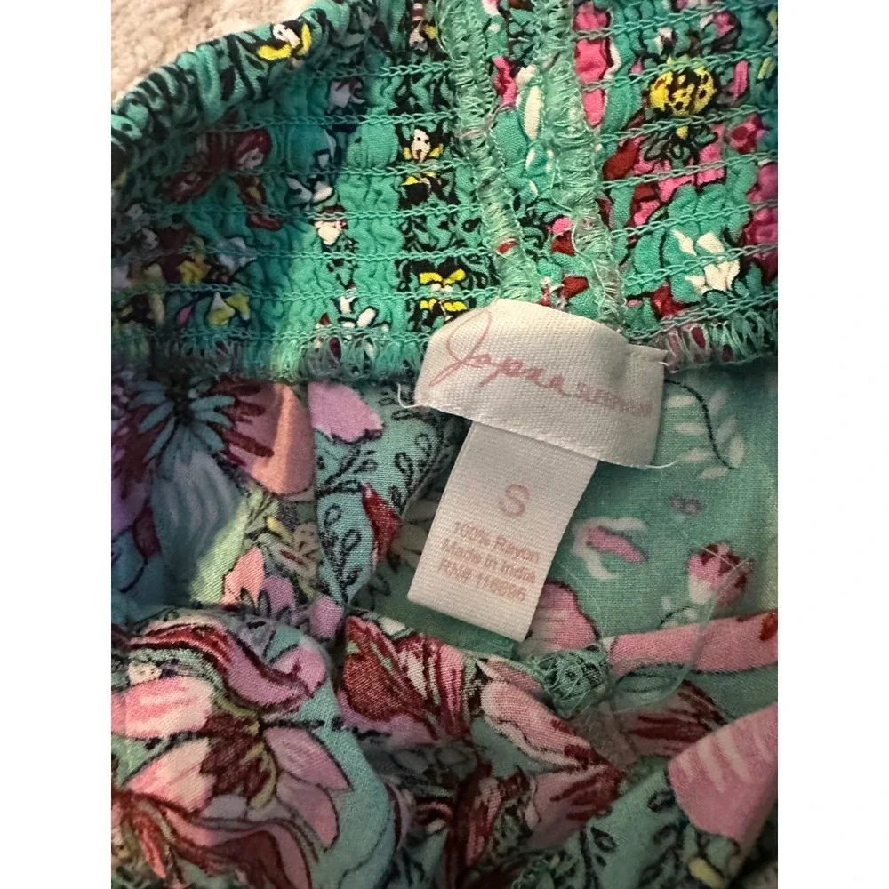 Jojoan Sleepwear Teal Floral Print Tassel Trim Smocked Waist Shorts‎